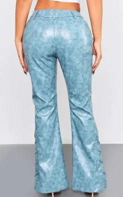Petite Blue Faux Leather Lace Up Straight Leg Pants