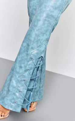 Petite Blue Faux Leather Lace Up Straight Leg Pants
