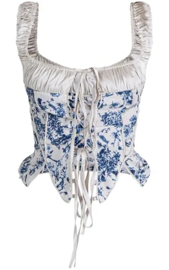 Petite Blue Floral Print Satin Detail Corset Top