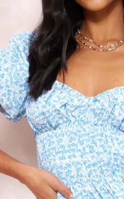 Petite Blue Floral Puff Sleeve Mini Dress