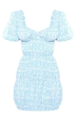 Petite Blue Floral Puff Sleeve Mini Dress