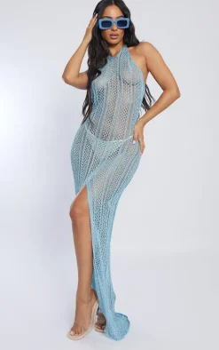 Petite Blue Halterneck Glitter Knit Dress