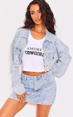 Petite Blue Jacquard Denim Cropped Jacket