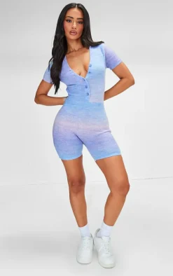 Petite Blue Knitted Ombre Button Up Romper