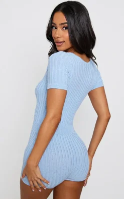 Petite Blue Short Sleeve Knitted Romper