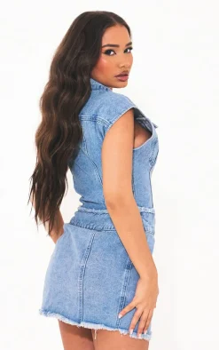 Petite Blue Sleeveless Wrap Over Denim Mini Dress