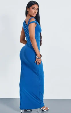 Petite Blue Slinky Twist Shoulder Maxi Dress