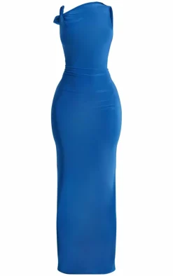 Petite Blue Slinky Twist Shoulder Maxi Dress