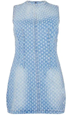 Petite Blue Textured Denim Sleeveless Mini Dress