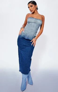Petite Blue Washed Ombre Denim Bandeau Midaxi Dress