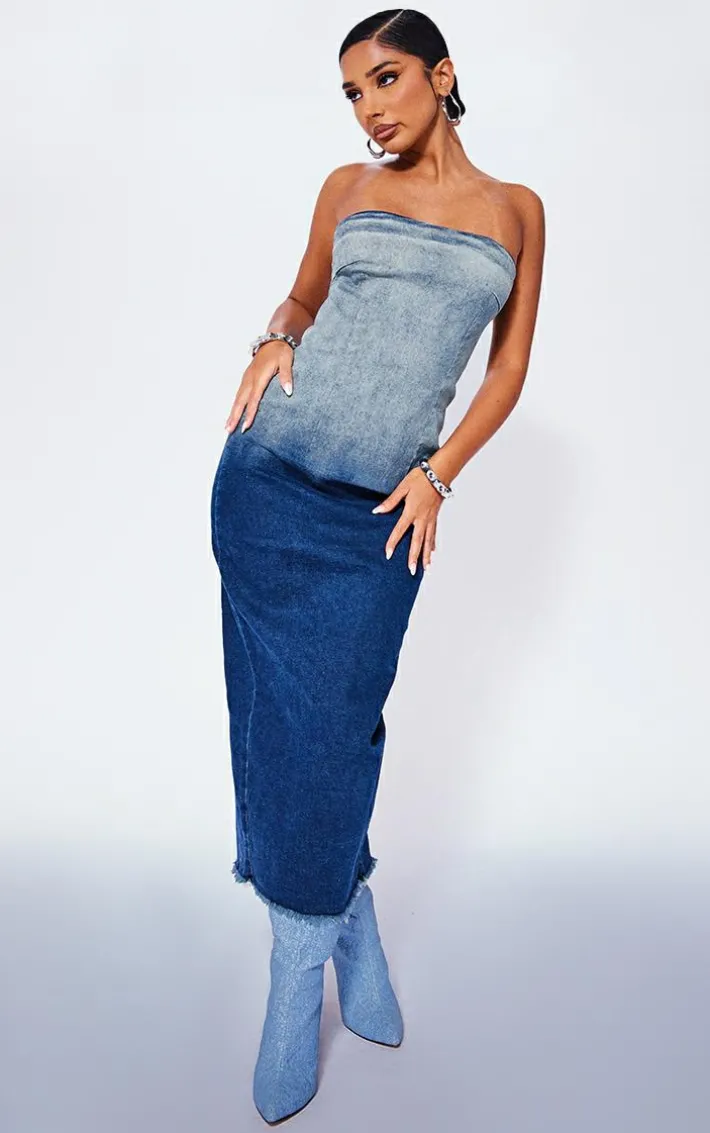 Petite Blue Washed Ombre Denim Bandeau Midaxi Dress