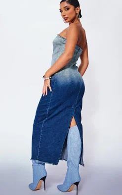 Petite Blue Washed Ombre Denim Bandeau Midaxi Dress