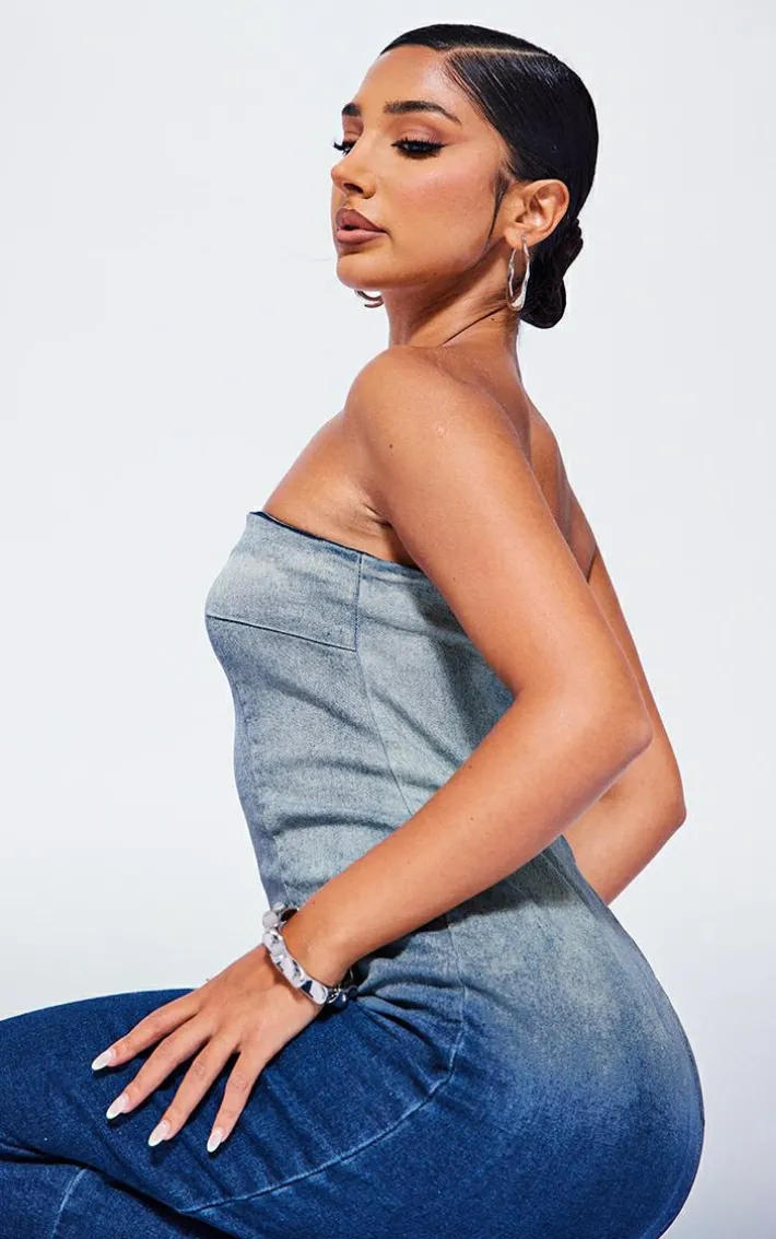 Petite Blue Washed Ombre Denim Bandeau Midaxi Dress