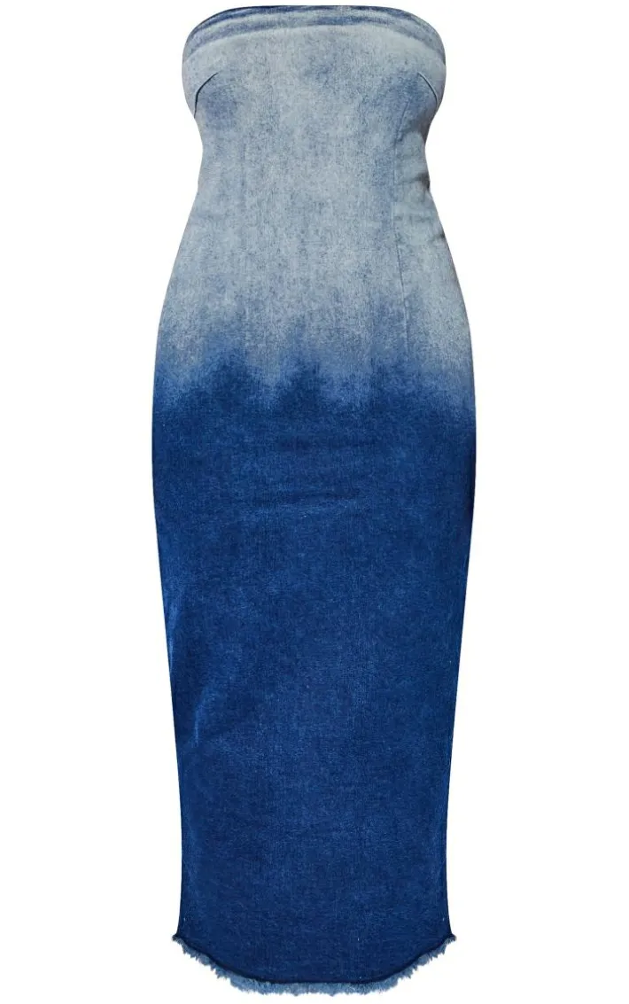 Petite Blue Washed Ombre Denim Bandeau Midaxi Dress