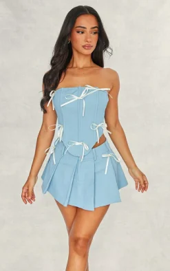 Petite Blue Woven Pleated Mini Skirt With Bow Details