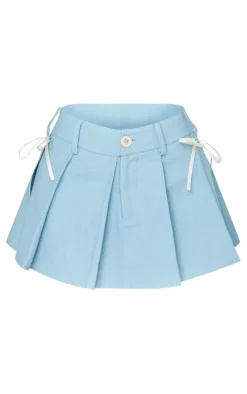 Petite Blue Woven Pleated Mini Skirt With Bow Details