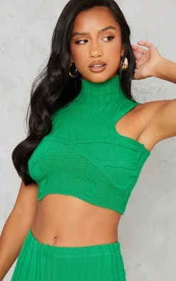Petite Bright Green Knitted Cup Detail High Neck Crop Top