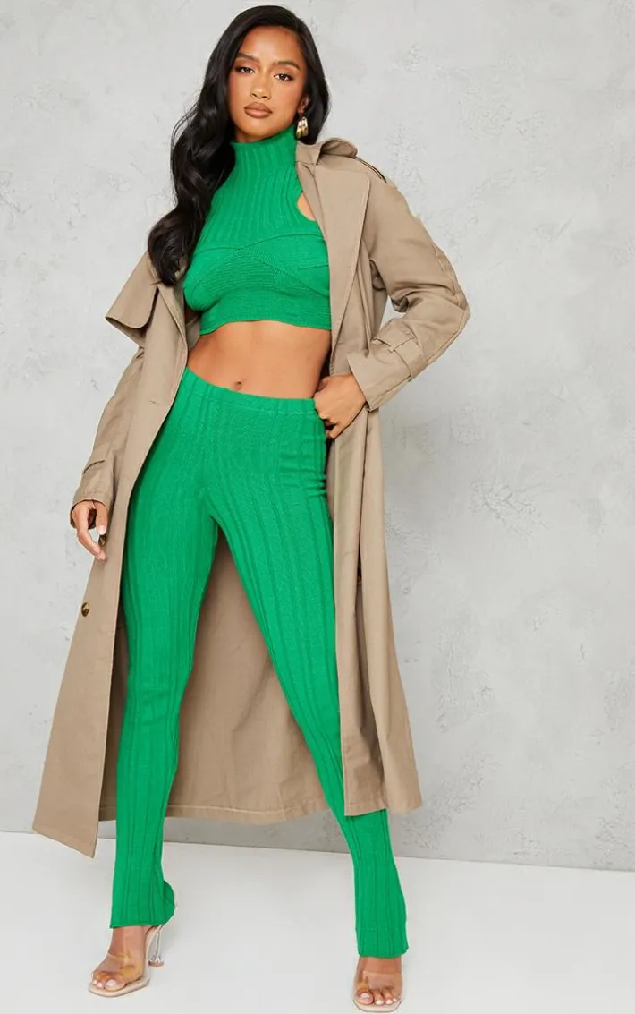 Petite Bright Green Knitted Cup Detail High Neck Crop Top