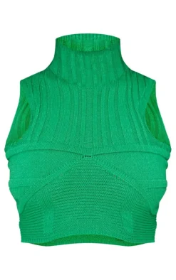 Petite Bright Green Knitted Cup Detail High Neck Crop Top