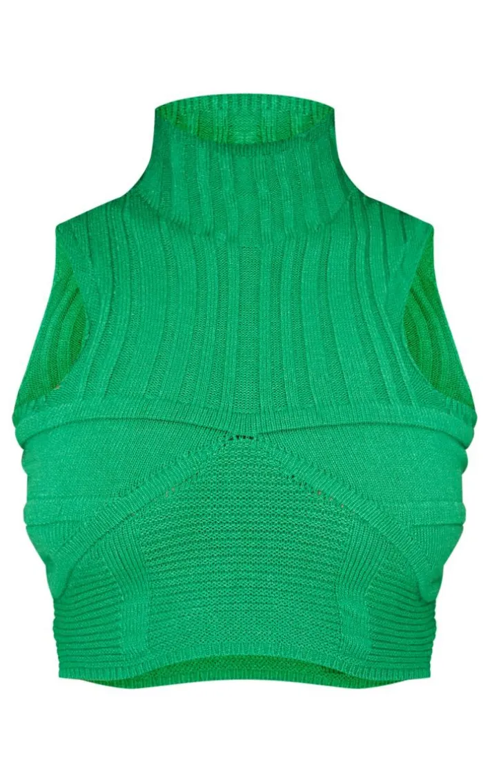 Petite Bright Green Knitted Cup Detail High Neck Crop Top