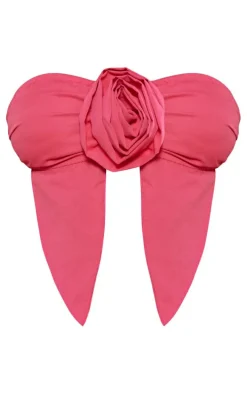 Petite Bright Pink Bandeau Crop Top With Flower Detail