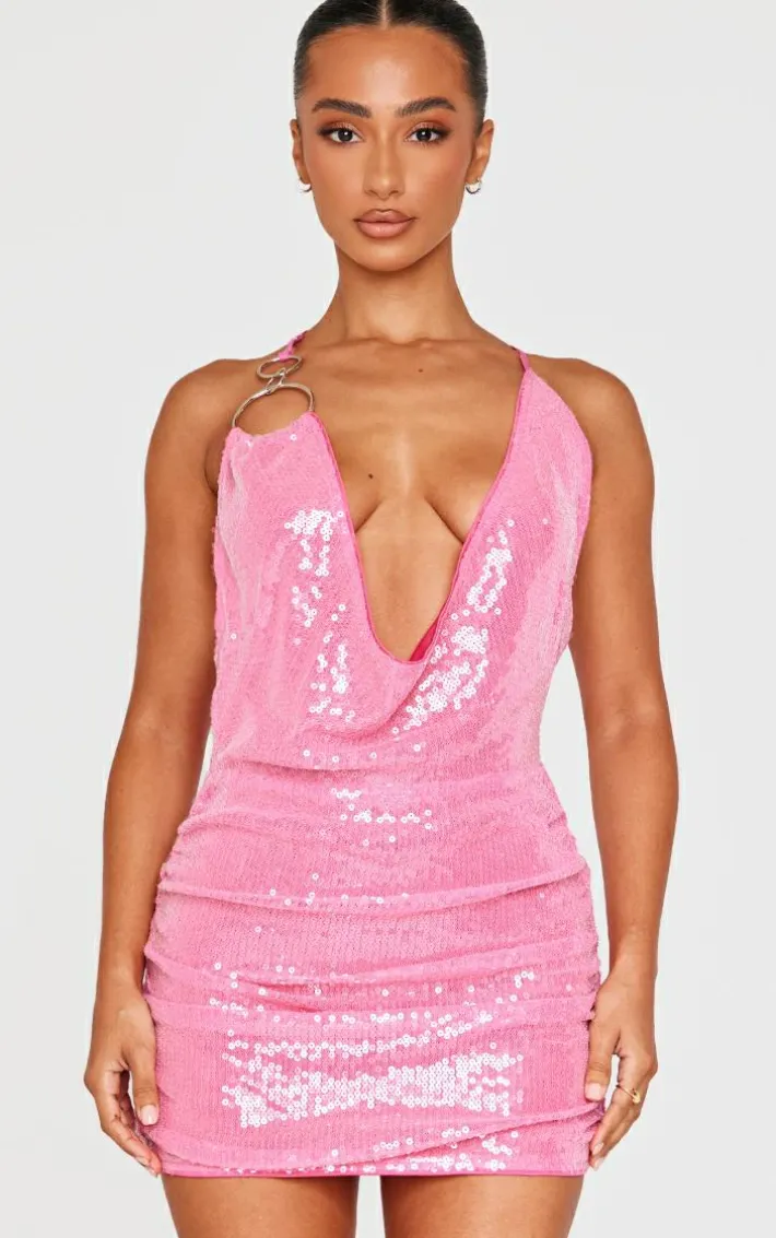 Petite Bright Pink Cowl Neck Trim Detail Ruched Mini Dress