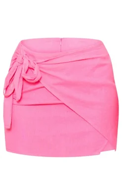 Petite Bright Pink Linen Look Wrap Around Mini Skirt
