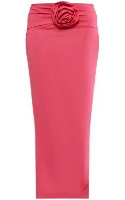 Petite Bright Pink Low Waist Midaxi Skirt With Flower Detail