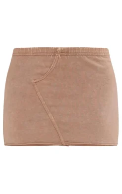 Petite Brown Acid Wash Micro Mini Skirt