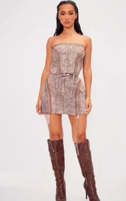 Petite Brown Acid Wash Zip Detail Mini Skirt
