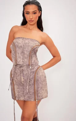 Petite Brown Acid Wash Zip Detail Mini Skirt