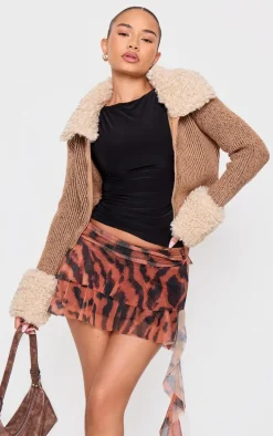 Petite Brown Animal Printed Mesh Frill Detail Mini Skirt