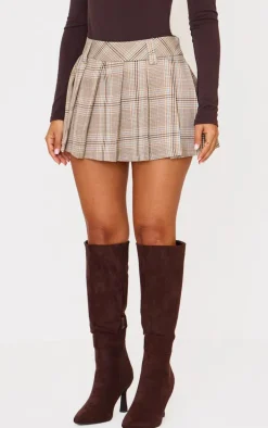 Petite Brown Check Pleated Mini Skirt
