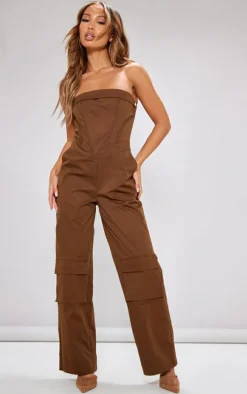 Petite Brown Corset Detail Cargo Jumpsuit