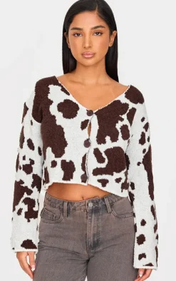 Petite Brown Cow Print Knitted Cropped Cardigan