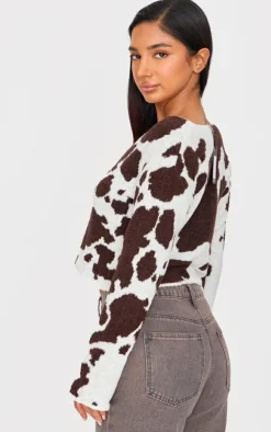Petite Brown Cow Print Knitted Cropped Cardigan