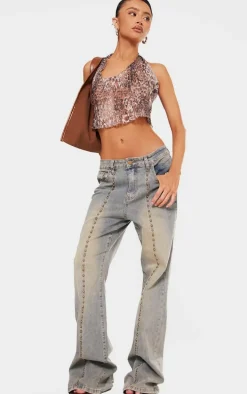 Petite Brown Crushed Lace Halterneck Crop Top