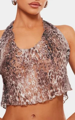 Petite Brown Crushed Lace Halterneck Crop Top