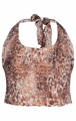 Petite Brown Crushed Lace Halterneck Crop Top