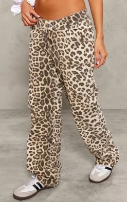 Petite Brown Denim Leopard Print Straight Leg Jeans