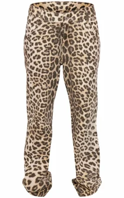 Petite Brown Denim Leopard Print Straight Leg Jeans