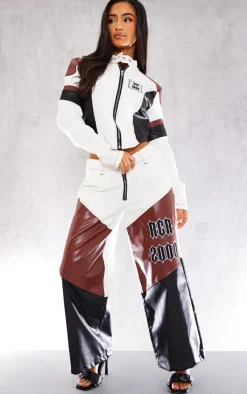 Petite Brown Faux Leather Panel Embroidered Jeans