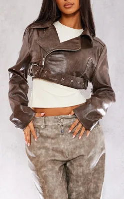 Petite Brown Faux Washed Leather Super Cropped Belted Biker Jacket