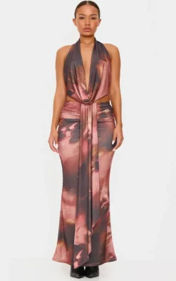 Petite Brown Floral Print Drape Detail Maxi Skirt