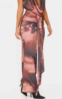 Petite Brown Floral Print Drape Detail Maxi Skirt