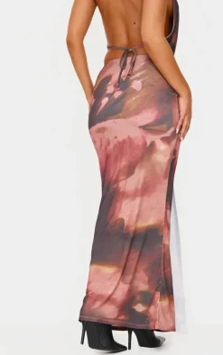 Petite Brown Floral Print Drape Detail Maxi Skirt