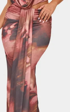 Petite Brown Floral Print Drape Detail Maxi Skirt