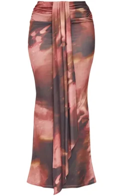 Petite Brown Floral Print Drape Detail Maxi Skirt