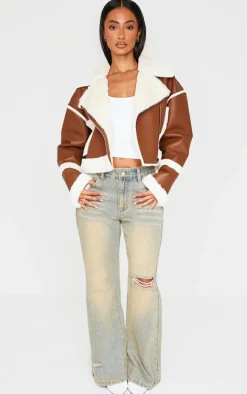 Petite Brown Fur Trim Detail Aviator Jacket