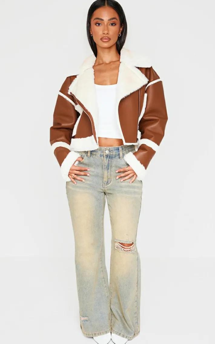 Petite Brown Fur Trim Detail Aviator Jacket